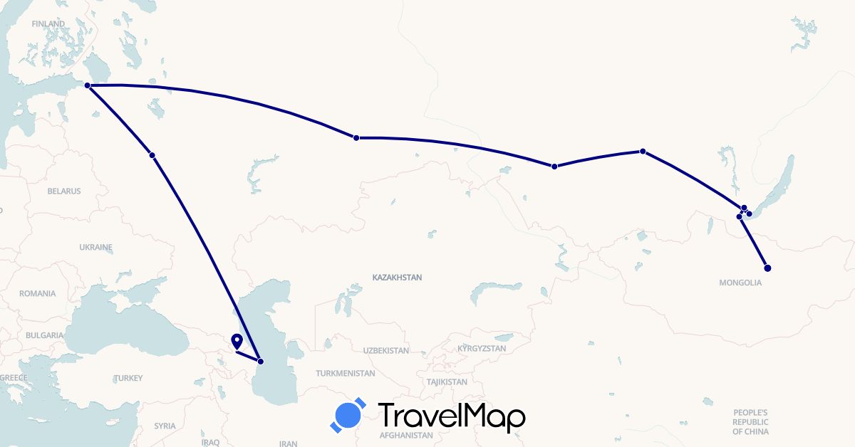 TravelMap itinerary: driving in Azerbaijan, Mongolia, Russia (Asia, Europe)
